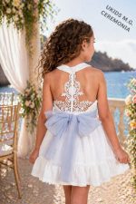 Vestido niña ceremonia blanco con encaje y lazo tul azul - Imagen 2