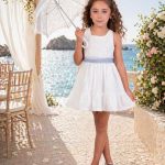 Vestido niña ceremonia blanco con encaje y lazo tul azul