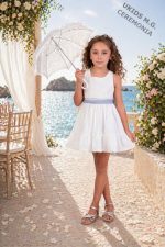 Vestido niña ceremonia blanco con encaje y lazo tul azul