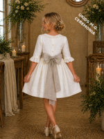 Vestido niña ceremonia elegante bambula con fajín lino arena - Imagen 2