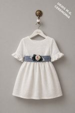 Vestido niña ceremonia bambula blanco con fajín de Lino o Tul azul | Elegante manga francesa - Imagen 4