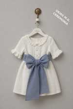 Vestido niña ceremonia bambula blanco con fajín de Lino o Tul azul | Elegante manga francesa - Imagen 5
