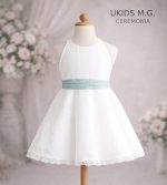 Vestido niña ceremonia blanco con lazo verde agua y espalda bordada - Imagen 4