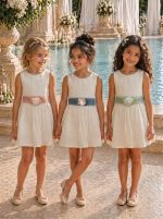 Vestido niña ceremonia elegante de bambula con lazo de tul (azul, rosa o verde) y detalle floral