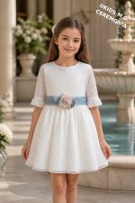 Vestido niña ceremonia elegante plumeti con fajín y lazada. Tul rosa, azul o verde - Imagen 3