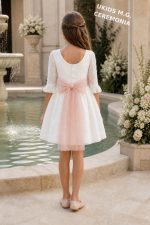 Vestido niña ceremonia elegante plumeti con fajín y lazada. Tul rosa, azul o verde - Imagen 7
