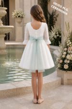 Vestido niña ceremonia elegante plumeti con fajín y lazada. Tul rosa, azul o verde - Imagen 5