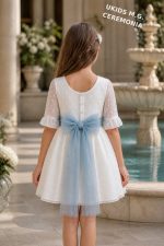 Vestido niña ceremonia elegante plumeti con fajín y lazada. Tul rosa, azul o verde - Imagen 6
