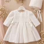 Vestido de Bautizo para Bebé con Manga Francesa, Puntilla y Capota