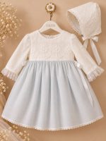 Vestido de Bautizo para Bebé con Capota · Blanco y Azul Empolvado