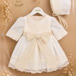Vestido Bautizo Niña de Lino con Lazo y Encaje