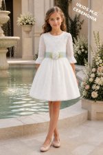 Vestido niña ceremonia elegante plumeti con fajín y lazada. Tul rosa, azul o verde - Imagen 4