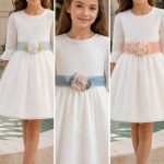 Vestido niña ceremonia elegante plumeti con fajín y lazada. Tul rosa, azul o verde