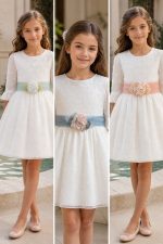 Vestido niña ceremonia elegante plumeti con fajín y lazada. Tul rosa, azul o verde