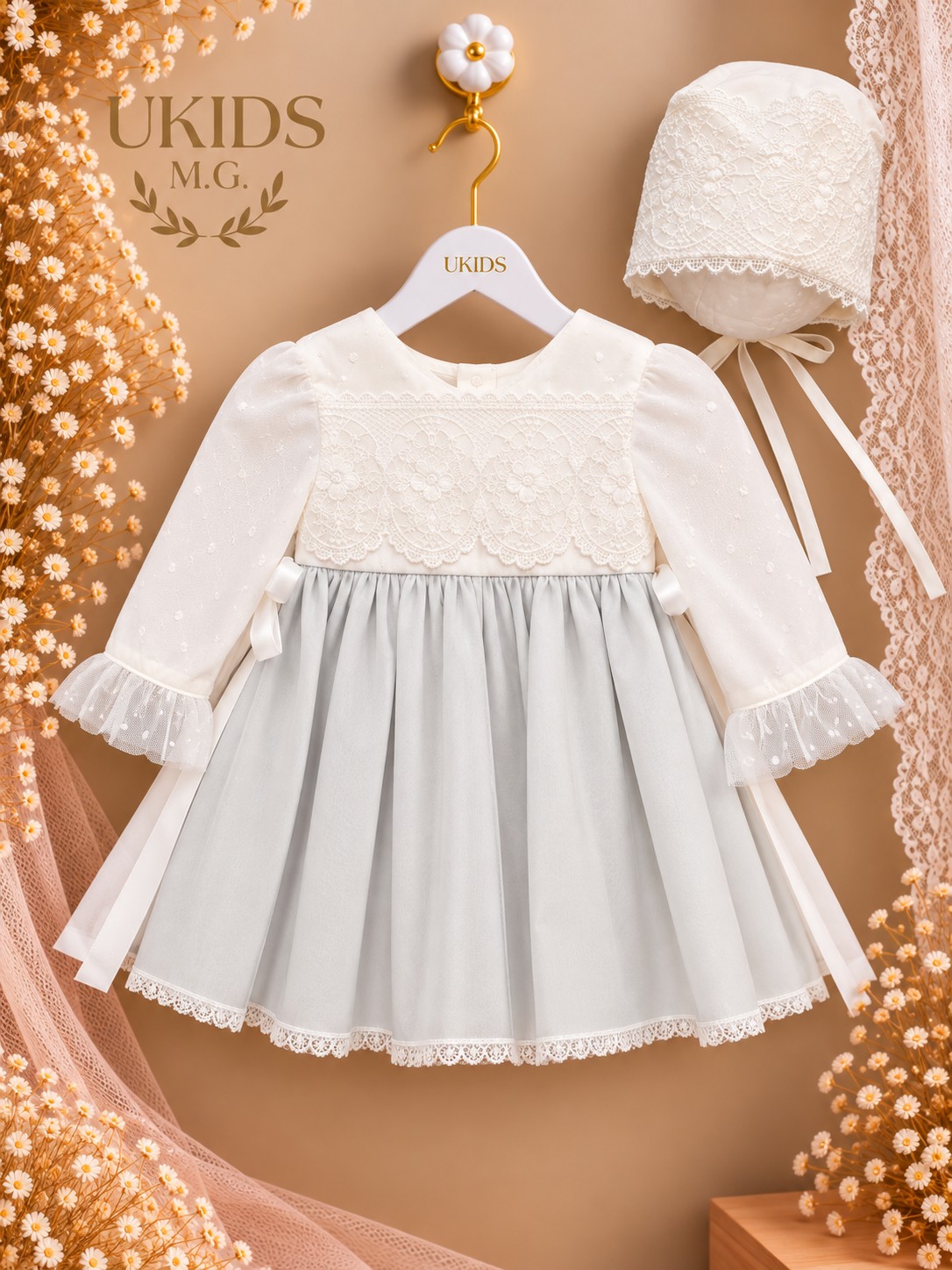 Vestido bautizo bebé blanco y azul empolvado con capota Vestido bautizo bordado blanco y azul empolvado con capota