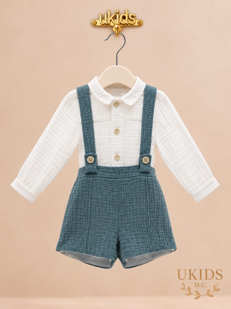 Conjunto bebé niño verde esmeralda con camisa clara y pantalón corto de tirantes