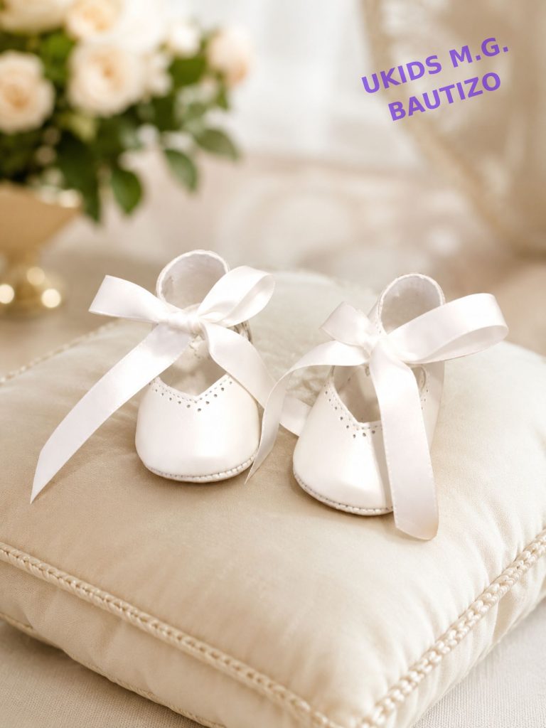 Zapato de bautizo para bebé en piel blanca con lazo de raso
