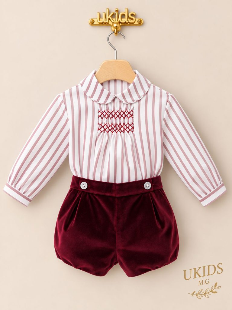 Conjunto bebé burdeos con camisa de rayas y pantalón corto