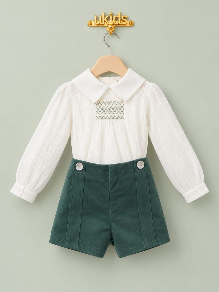 Conjunto bebé camisa blanca y peto corto verde con tirantes
