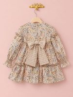 Vestido Niña Floral Beige con Nido de Abeja y Lazo Trasero - Imagen 2