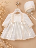 Vestido de Bautizo para Bebé con Lorzas y Capota Beige