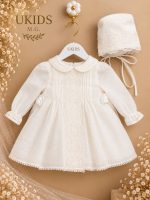 Vestido Bautizo Bebé con Lorzas, Bordado de Hilo y Capota