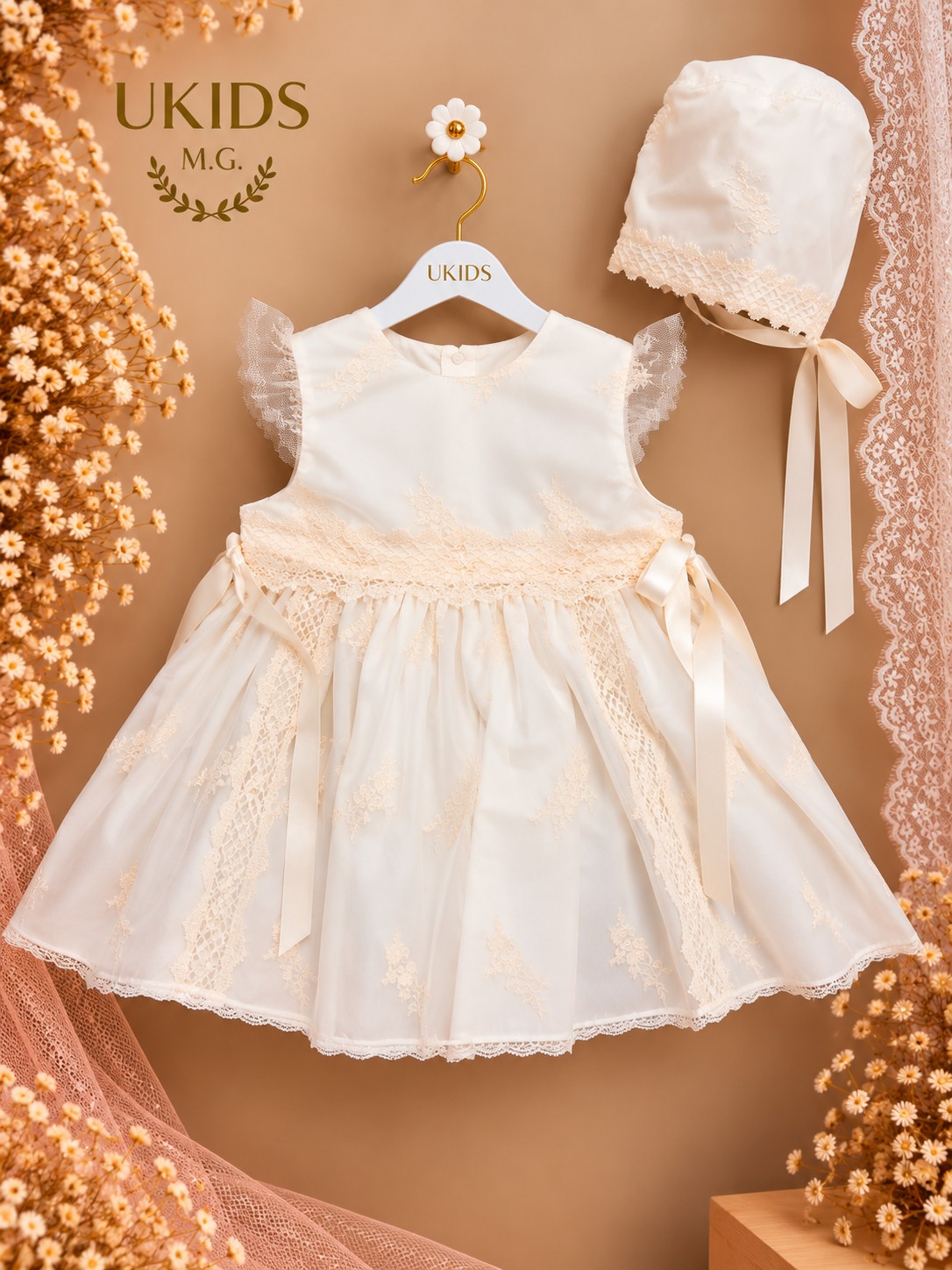 Vestido bautizo blonda beige con manga corta y capota