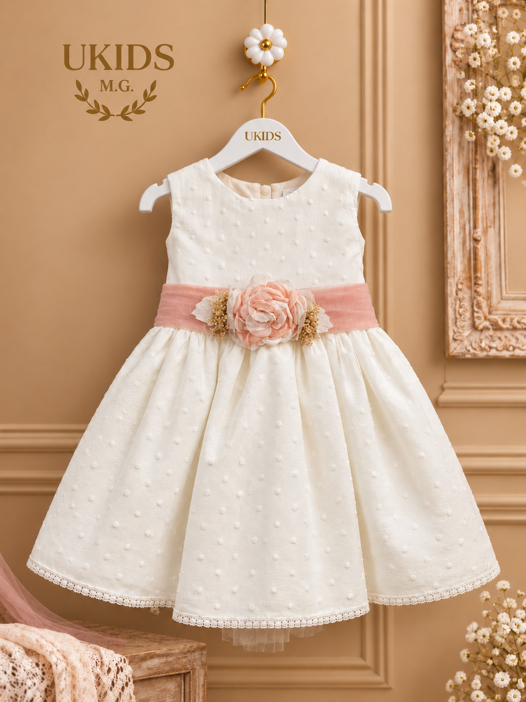 Vestido ceremonia tul plumeti blanco roto con fajín rosa