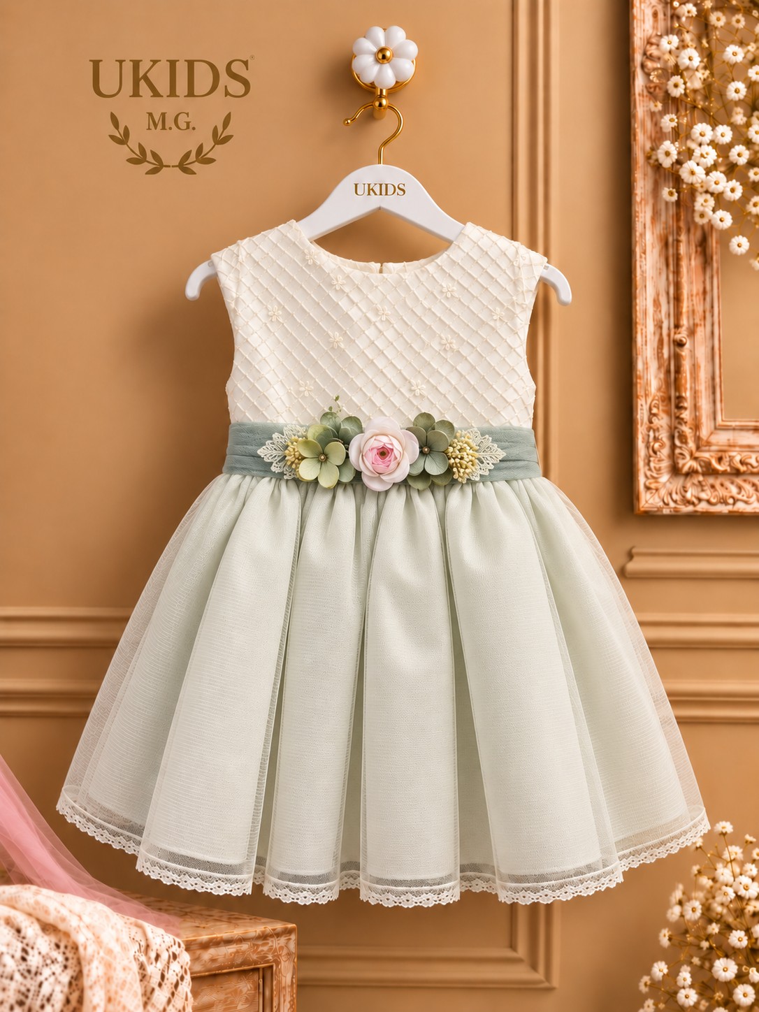Vestido tul rosa verde para bebé niña de ceremonia