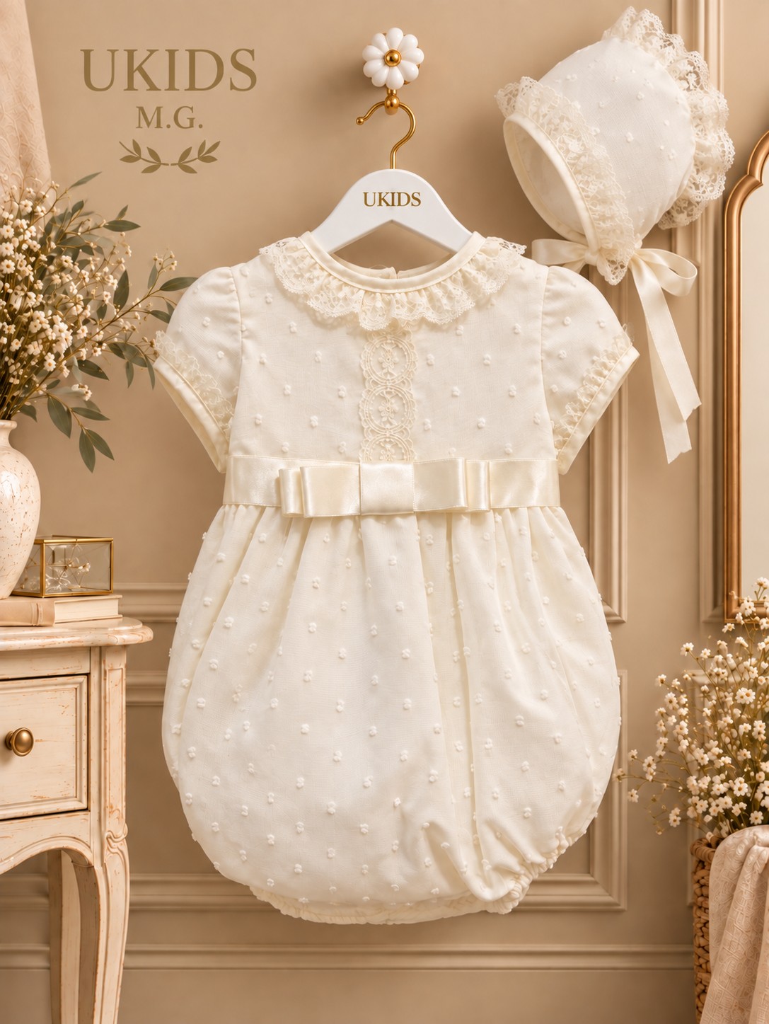 Pelele plumeti lazo central beige para bautizo de bebé