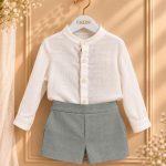 Conjunto de ceremonia para bebé niño con cuello Mao, manga larga y pantalón bombacho