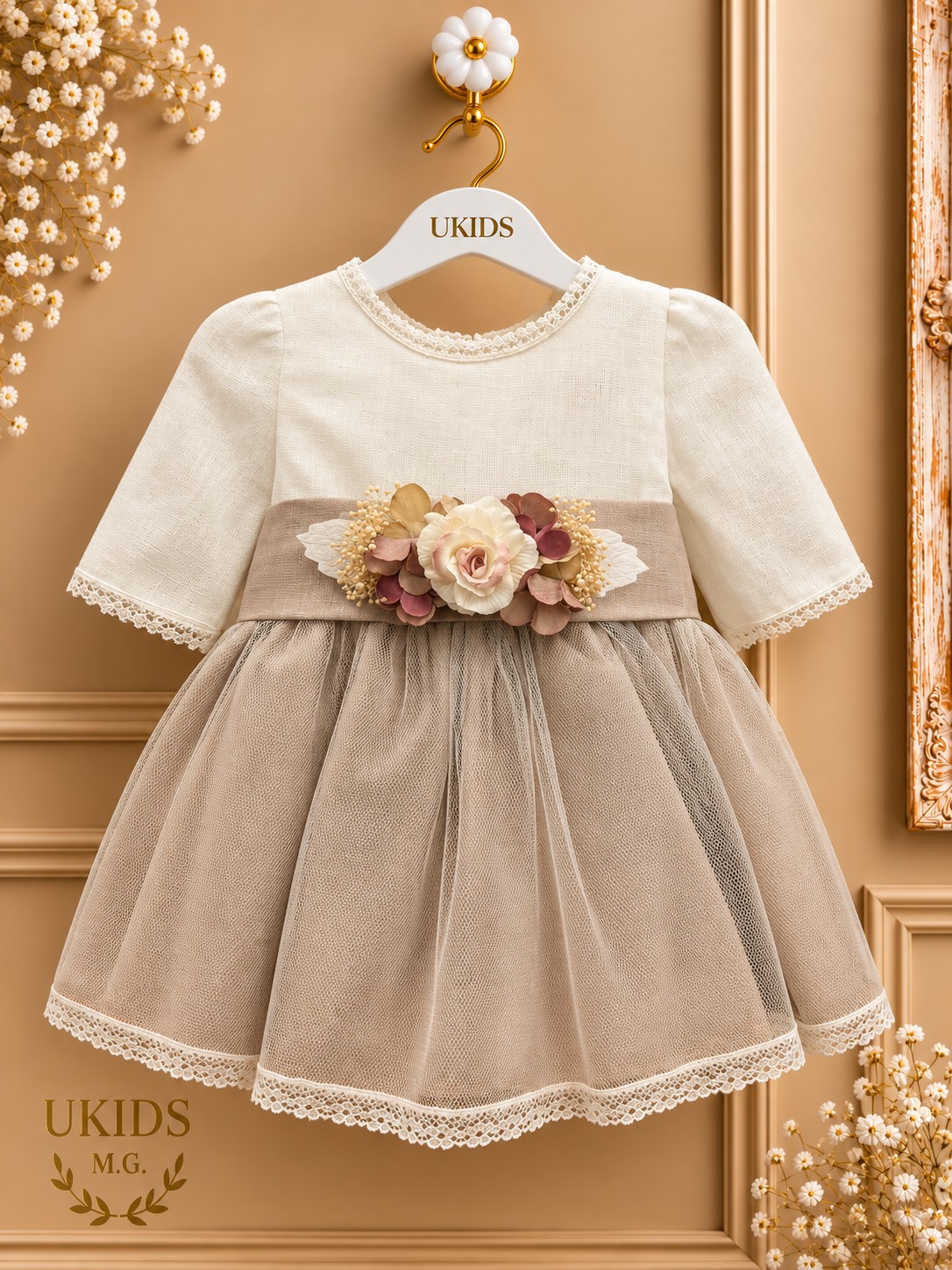 Vestido lino manga francesa para bautizo y ceremonia