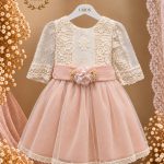 Vestido bámbula guipur salmón con manga francesa