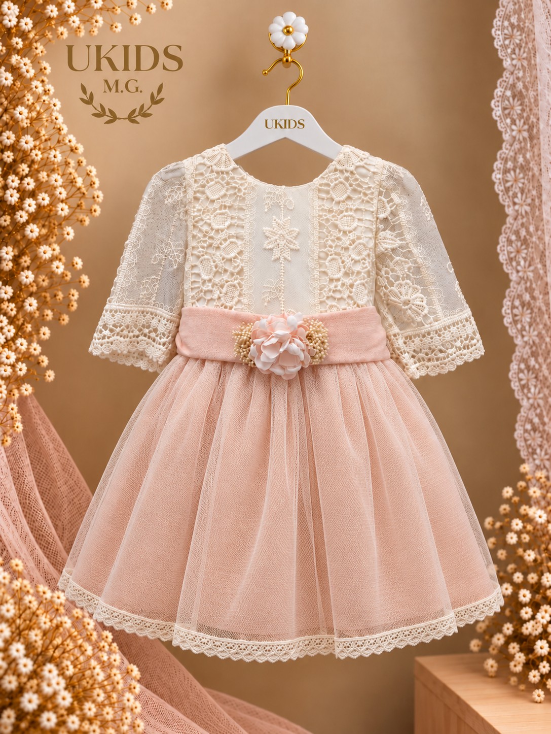 Vestido bámbula guipur salmón con manga francesa