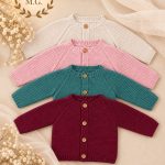 Chaqueta punto bebé niña beige buganvilla rosa y verde liquen
