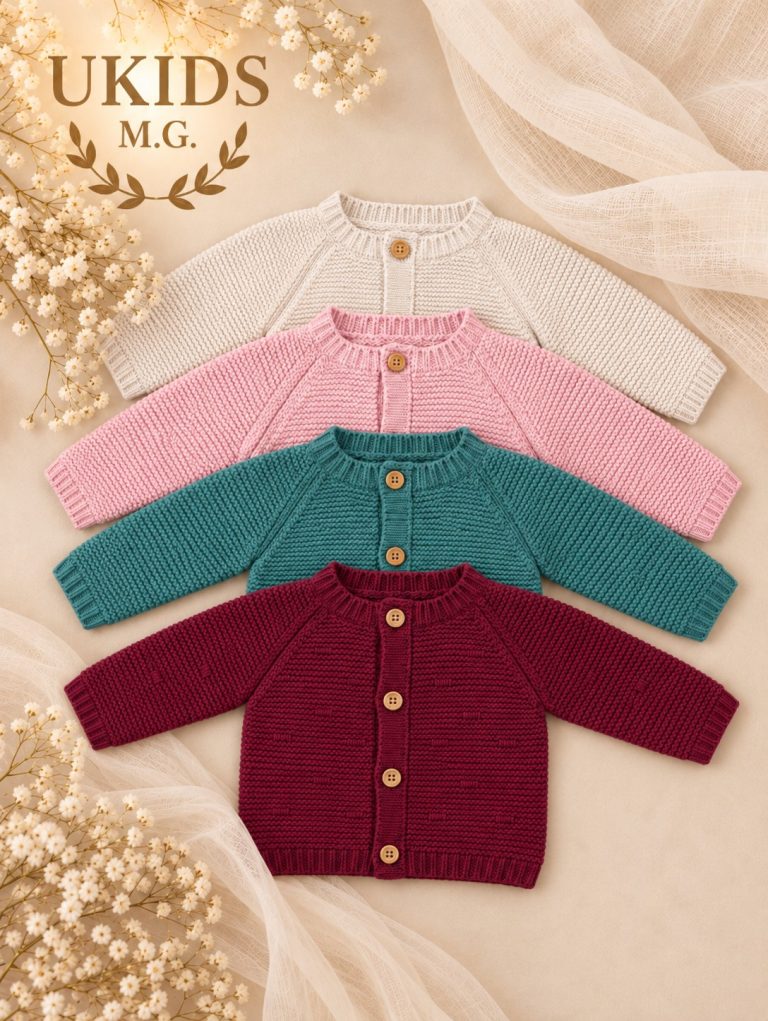 Chaqueta punto bebé niña beige buganvilla rosa y verde liquen