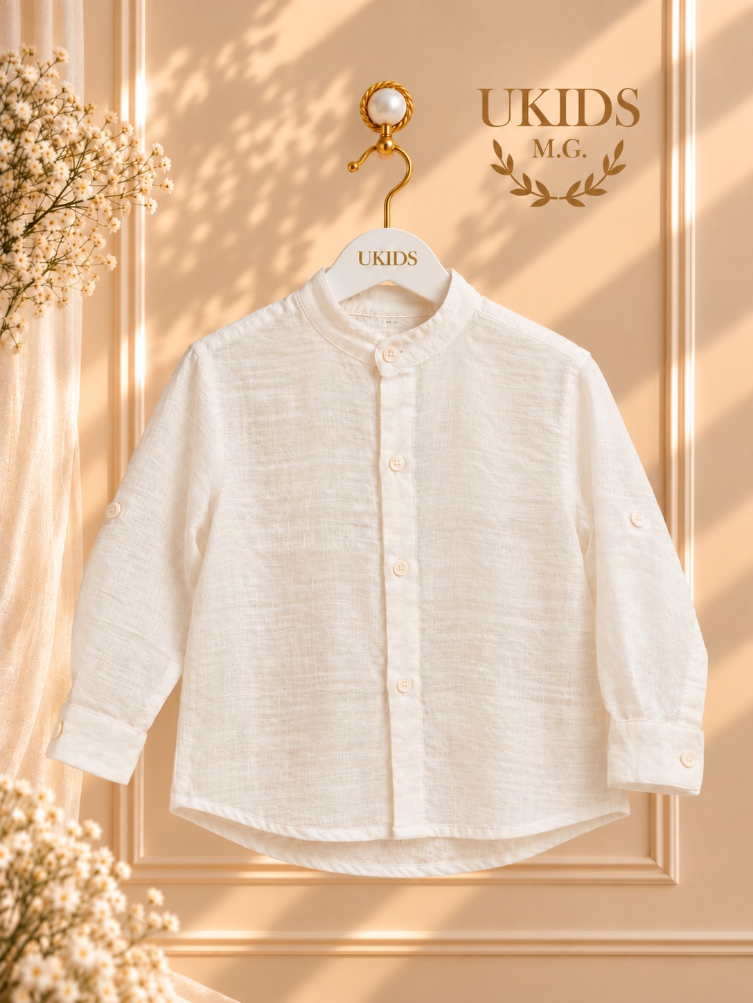 Camisa de lino blanco roto con cuello Mao para ceremonia