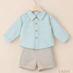 Conjunto Bebé Niño Camisa Verde Empolvado y Pantalón Beige