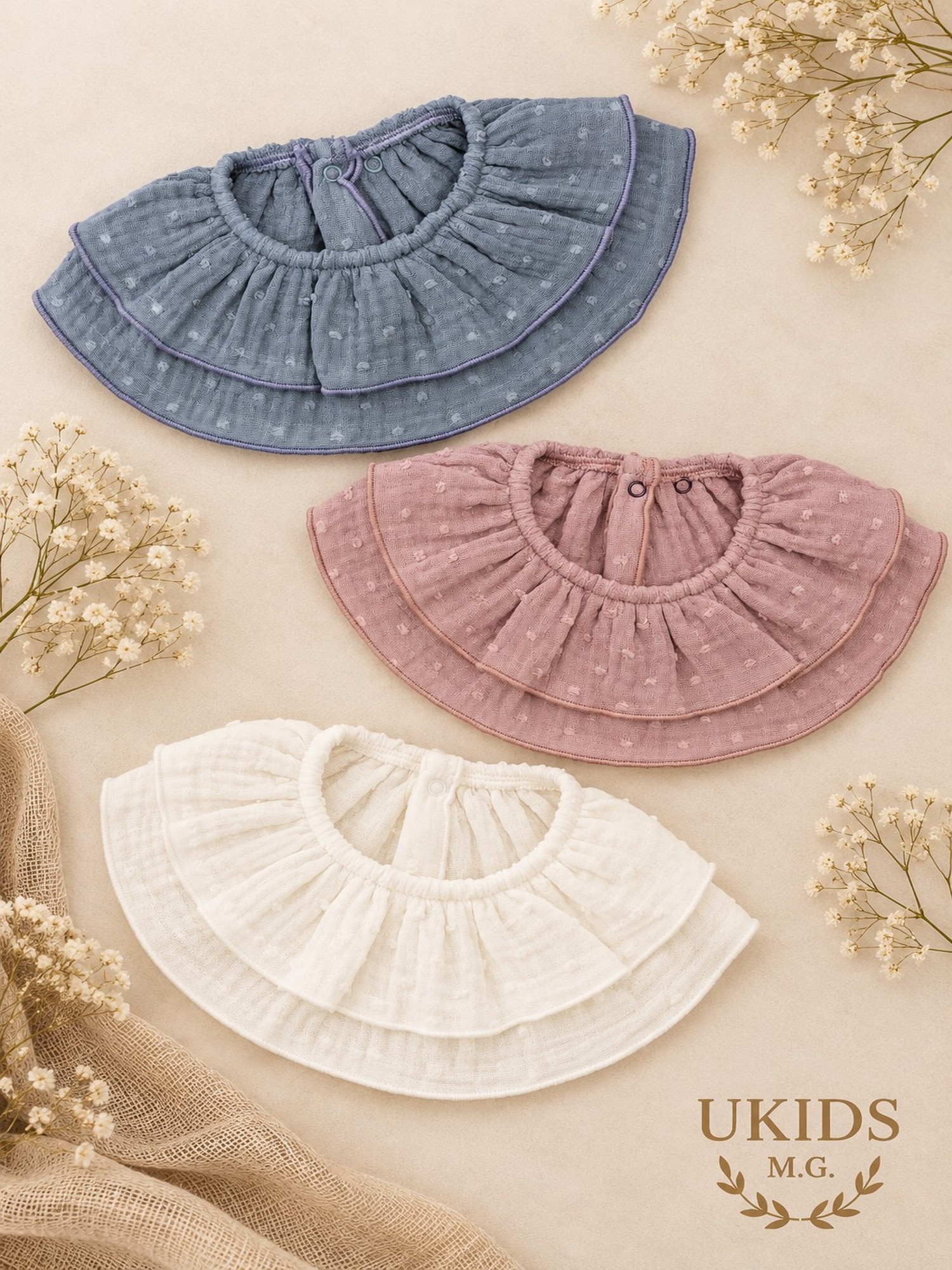 Cuello babero Atari en denim, malva y natural